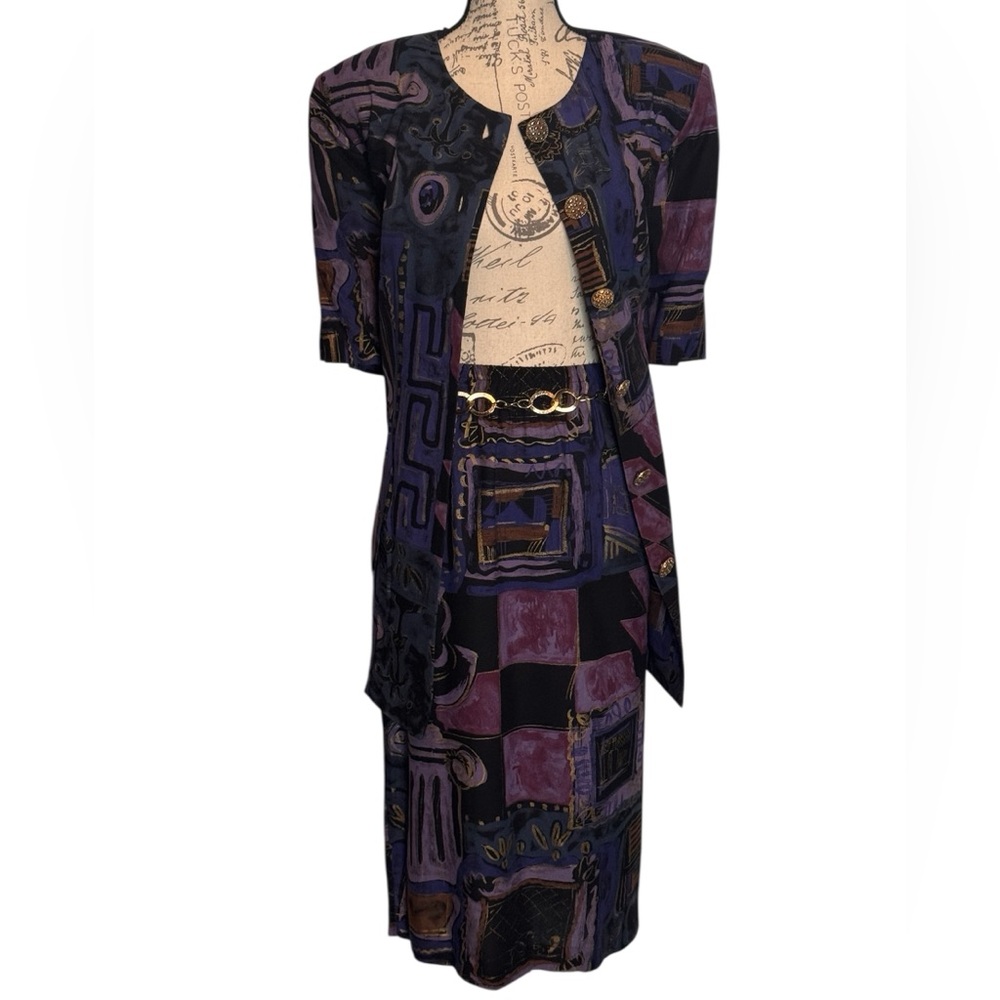 Jeffrey & Dara Vintage Purple Multicolored Geometric Two Piece Shirt Set Size 14